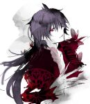  1boy black_hair hikage_(kokuchou_no_psychedelica) houkiri_nemu jacket kokuchou_no_psychedelica long_hair long_sleeves male_focus parted_lips ponytail red_eyes red_jacket sketch solo teeth white_background 