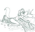  2023 anthro barefoot bent_leg big_eyes biped butt clothed clothed_anthro clothed_female clothing creek digital_drawing_(artwork) digital_media_(artwork) domestic_cat ear_tuft extended_arms feet felid feline felis female flat_chested fur fur_tuft grass hair hi_res holding_clothing holding_object humanoid_feet humanoid_hands kneeling leaning leaning_forward looking_down mammal monochrome mouth_closed outside panties plant plantigrade prick_ears pupils redout sheryl_(gold-white-kott) shirt short_hair side_view soles solo t-shirt tail toes topwear tuft underwear washing_clothes water 