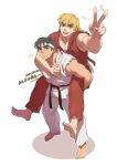  2boys aged_down black_hair blonde_hair carrying carrying_person dougi english_text full_body headband highres ken_masters male_focus multiple_boys piggyback ryu_(street_fighter) short_hair street_fighter toned toned_male v yaoi yuiofire 