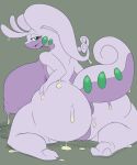  ambiguous_fluids anthro anus big_breasts big_butt bodily_fluids breasts butt female generation_6_pokemon goodra green_eyes hi_res huge_breasts huge_butt imric1251 nintendo pokemon pokemon_(species) purple_body simple_background solo 