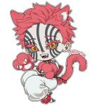  1boy :d akaza_(kimetsu_no_yaiba) animal_ears animal_hands bare_shoulders barefoot bead_anklet cat_boy cat_ears cat_tail chibi colored_eyelashes eyelashes facial_mark facial_tattoo fangs full-body_tattoo full_body gloves hands_up highres jumping kemonomimi_mode kimetsu_no_yaiba male_focus outline pants paw_gloves pink_hair sash short_hair sleeveless smile solo t_a_n_jr tail tassel tattoo text_in_eyes white_pants yellow_eyes 