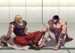  2boys bara bare_pectorals black_hair black_shirt blonde_hair blood blood_on_face bruise bruised_eye covered_abs dougi eye_contact facial_hair headband injury jacket jacket_removed ken_masters looking_at_another male_focus mature_male multiple_boys muscular muscular_male pants pectorals red_pants ryu_(street_fighter) sash shirt shoes short_hair sitting street_fighter street_fighter_6 stubble tight tight_shirt yuiofire 