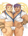  2boys abs absurdres bandaid bandaid_on_cheek bandaid_on_face bara brown_hair bulge bulge_press bulges_touching cloud dark-skinned_male dark_skin facial_hair feet_out_of_frame fire_deity_(housamo) from_side fundoshi grin hachimaki hand_on_another&#039;s_shoulder hand_on_hip happi happy headband highres japanese_clothes large_pectorals long_sideburns looking_at_viewer male_focus mature_male multiple_boys muscular muscular_male navel nether_deity_(housamo) no_pants pectoral_cleavage pectoral_docking pectoral_press pectorals purple_hair rope shirt short_hair sideburns sleeves_rolled_up smile sobatya stomach stubble thick_eyebrows thick_thighs thighs tied_shirt tokyo_afterschool_summoners yaoi 