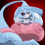  4_fingers angry anthro big_breasts blue_hair breasts clothing female fingers generation_8_pokemon hair hat hatterene headgear headwear hi_res huge_breasts imric1251 nintendo nipples photo pokemon pokemon_(species) red_body solo white_body 