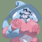  angry anthro big_breasts blue_hair blush breasts clothing female generation_8_pokemon hair hat hatterene headgear headwear hi_res huge_breasts imric1251 nintendo pokemon pokemon_(species) size_difference smaller_female solo white_body white_eyes 