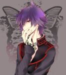  1boy black_jacket bug butterfly grey_background hikage_(kokuchou_no_psychedelica) houkiri_nemu jacket kokuchou_no_psychedelica long_sleeves looking_at_viewer male_focus mole mole_under_eye multicolored_clothes multicolored_jacket purple_eyes purple_hair red_jacket short_hair solo 
