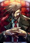  1boy artist_name beard chair coat collared_shirt facial_hair guilty_gear k-suwabe long_sleeves looking_at_viewer male_focus manly mature_male monocle mustache necktie own_hands_clasped own_hands_together portrait red_necktie shirt sitting slayer_(guilty_gear) smoking_pipe solo spiked_hair 