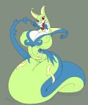  3_fingers anthro big_breasts breasts fangs female fingers generation_5_pokemon green_body hi_res huge_breasts imric1251 legless long_body nintendo pokemon pokemon_(species) red_eyes serperior shiny_pokemon simple_background smile solo teeth tongue tongue_out 