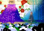  2boys blue_flower blue_sash cherry_blossoms cushion eyewear_strap flower flower_(symbol) from_side full_body glasses green_sash grey_hair grey_kimono hair_slicked_back head_out_of_frame houndstooth hypnosis_mic indoors iris_(flower) japanese_clothes kimono looking_at_another looking_up male_focus multicolored_hair multiple_boys nurude_sasara opaque_glasses orange_kimono print_kimono profile purple_hair red_flower round_eyewear sash sayagata seigaiha seiza short_hair sitting stage streaked_hair teria_(teriarian) too_many tsutsujimori_rosho white_flower willow zabuton 
