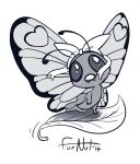  2014 ambiguous_gender antennae_(anatomy) anthro biped blue_eyes blush blush_lines bow_accessory bow_ribbon butterfree buttershe female_(lore) front_view furnut generation_1_pokemon heart_(marking) insect_wings leaf lepidopteran_wings looking_at_viewer markings monochrome nintendo nude pokemon pokemon_(species) pose simple_background teeth white_background wing_markings wings 
