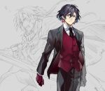  1boy armor black_hair black_jacket black_necktie black_pants black_suit blood blood_on_face cloak collared_shirt constantine_xi_(fate) cowboy_shot earrings fang fate/grand_order fate_(series) formal furrowed_brow gloves grey_background grey_eyes hair_between_eyes heki0529 jacket jewelry long_hair looking_ahead looking_at_viewer male_focus multiple_views necktie open_mouth pants partially_colored red_gloves red_vest shards shirt short_hair smile suit suit_jacket sword teeth vest weapon white_shirt 