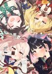  4girls airi_(blue_archive) animal_ears black_jacket blue_archive blush chocolate dessert food highres hood hooded_jacket jacket kazusa_(blue_archive) multiple_girls natsu_(blue_archive) red_jacket sailor_collar school_uniform smile sweets tsushima_shigure valentine yoshimi_(blue_archive) 