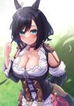  1girl absurdres animal_ears apron bangs black_hair black_sleeves blue_eyes blurry blurry_background blush breasts cleavage closed_mouth collarbone commentary_request depth_of_field detached_sleeves eishin_flash_(umamusume) frilled_apron frills hair_between_eyes hand_up highres horse_ears layered_sleeves long_sleeves looking_at_viewer medium_breasts neko_punch_(user_hddm3373) parted_bangs puffy_short_sleeves puffy_sleeves red_skirt shirt short_over_long_sleeves short_sleeves skirt smile solo umamusume waist_apron white_apron white_shirt white_sleeves 