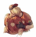  2boys alternate_costume bara baseball_cap black_hair blonde_hair costume_request cropped_torso employee_uniform fast_food_uniform hat headband highres ken_masters kiss male_focus multiple_boys muscular muscular_male ryu_(street_fighter) short_hair street_fighter surprise_kiss surprised uniform yaoi yuiofire 