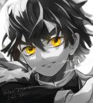  1boy agatsuma_zenitsu alternate_hair_color bangs breath dated gradient_clothes hair_between_eyes hand_up highres kimetsu_no_yaiba long_sleeves looking_at_viewer love_vita_01 male_focus monochrome portrait short_hair simple_background solo spot_color triangle_print twitter_username yellow_eyes 