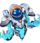  1boy astronaut astronaut_xerath blue_skin claws colored_skin creature glowing glowing_eyes green_eyes hands_up league_of_legends magic phantom_ix_row simple_background solo space_helmet white_background xerath 