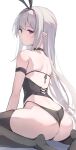  1girl absurdres arm_strap asktyuni ass back black_bra black_choker black_hairband black_panties black_thighhighs bra butt_crack choker closed_mouth commentary cross-laced_clothes expressionless from_behind hairband highres long_hair looking_at_viewer looking_back original panties pointy_ears profile purple_eyes seiza simple_background sitting solo symbol-only_commentary thighhighs underwear very_long_hair white_background white_hair 
