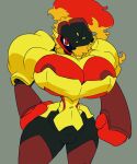  anthro armarouge armor big_breasts breasts clothing female fire generation_9_pokemon genitals grey_background hi_res imric1251 nintendo nipples one_eye_obstructed pokemon pokemon_(species) pussy red_body red_breasts red_eyes red_nipples simple_background solo yellow_body 
