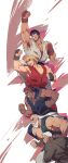  5boys akuma_(street_fighter) armpits bald bara bead_necklace beads biceps black_hair blonde_hair chinese_commentary clenched_teeth commentary_request dougi feet_out_of_frame flaming_hand forked_eyebrows from_side gouken goutetsu_(street_fighter) grin highres jewelry ken_masters large_pectorals long_hair looking_to_the_side male_focus mature_male multiple_boys muscular muscular_male necklace old old_man pectoral_cleavage pectorals punching red_shirt ryu_(street_fighter) sash shirt short_hair sideburns sidepec smile street_fighter teeth thick_eyebrows white_hair wrinkled_skin yuiofire 