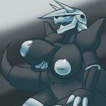  3_fingers aggron anthro areola barely_visible_genitalia barely_visible_pussy big_breasts breasts female female_anthro fingers generation_3_pokemon genitals holding_breast inverted_nipples latiar nintendo nipples open_mouth pokemon pokemon_(species) puffy_areola pussy simple_background solo tail 