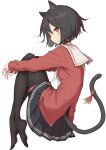  1girl animal_ears black_hair brown_eyes cat_ears cat_tail choker eyebrows_hidden_by_hair from_side hair_between_eyes highres hugging_own_legs knees_to_chest light_smile looking_at_viewer no_shoes original pantyhose rakutarou_(rakutpi) red_ribbon red_sweater ribbon sailor_collar school_uniform short_hair simple_background skirt solo sweater tail tail_ornament tail_ribbon thigh_strap white_background 