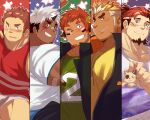  5boys akiha_gongen_(housamo) american_football_uniform animal animal_ears bandaid bandaid_on_cheek bandaid_on_face bandaid_on_nose bara blush boogeyman_(housamo) brown_eyes brown_hair cat collared_shirt cow_boy cow_ears cow_horns dark-skinned_male dark_skin dog_tags facial_hair feet_out_of_frame fiery_horns forked_eyebrows from_above from_side gakuran glowing_horns goatee green_shirt grin headpat highres holding holding_animal horns large_pectorals leobongnana long_sideburns looking_at_viewer male_focus mature_male multicolored_hair multiple_boys muscular muscular_male one_eye_closed orange_hair pectorals red_eyes rugby_uniform scar scar_on_cheek scar_on_face school_uniform shirt short_hair shorts shy sideburns single_horn sitting smile smirk sportswear starry_background tamamura_gunzo tank_top thick_eyebrows thighs tokyo_afterschool_summoners two-tone_hair ulaanbaatar_(housamo) upper_body wakan_tanka waving white_hair white_shorts white_tank_top 