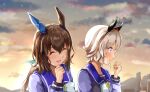  2girls :d ^_^ admire_vega_(umamusume) animal_ears bangs black_shirt blush bow brown_hair closed_eyes cloud commentary_request curren_chan_(umamusume) hair_between_eyes hand_up highres horse_ears long_hair long_sleeves looking_away multiple_girls outdoors parted_lips profile puffy_long_sleeves puffy_sleeves purple_eyes school_uniform shirt sky smile sunset sweat tracen_school_uniform umamusume upper_body white_bow white_hair yokintsutyo357 