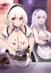 2girls absurdres anchor_choker apron azur_lane book bowl breasts center_frills chocolate chocolate_making chocolate_on_body chocolate_on_breasts choker clothing_cutout collar dido_(azur_lane) dress earrings food_on_body frilled_choker frills hair_between_eyes heart heart_earrings highres holding holding_bowl huge_breasts indoors jewelry kimi_tsuru lace-trimmed_hairband lace_trim large_breasts leaning_forward long_hair looking_away metal_collar multiple_girls open_book puffy_short_sleeves puffy_sleeves purple_eyes purple_hair red_eyes short_hair short_sleeves sirius_(azur_lane) sleeveless underboob underboob_cutout waist_apron white_apron white_dress white_hair 