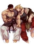  2boys animal_collar animal_ears bara bare_pectorals black_hair black_tank_top blonde_hair book collar couple cropped_legs dog_ears facial_hair from_above head_on_another&#039;s_shoulder headband highres holding holding_book jacket kemonomimi_mode ken_masters large_pectorals leaning_on_person looking_at_another male_focus mature_male multiple_boys muscular muscular_male open_clothes open_jacket pants pectoral_cleavage pectorals reading red_pants ryu_(street_fighter) sash short_hair sitting sketch smile street_fighter street_fighter_6 stubble tank_top thick_eyebrows yaoi yuiofire 