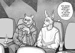  absurd_res anthro bear beverage bodily_fluids clothing crying dialogue duo eyewear fan_character glasses hi_res hybrid lagomorph lee_(greatlizardwizard) leporid male mammal movie_theater rabbit sunny_frostwolf tears thought_bubble trevor_(greatlizardwizard) 