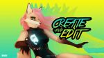  3d_(artwork) anthro canid canine canis claws clothed clothing digital_media_(artwork) english_text female fox fur hair hi_res impreza looking_at_viewer mammal multicolored_body outside pink_hair simple_background solo tan_body tan_fur text tridognait 