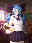 1girl absurdres alternate_costume blue_eyes blue_hair breasts chocolate drawing drill_hair frosver gwen_(league_of_legends) highres league_of_legends long_hair school_uniform smile 