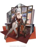  1girl absurdres animal animal_ears arrow_(projectile) bangs bell bikini black_bikini black_footwear breasts choker cleavage collarbone copyright_request folding_screen full_body geta grey_hair grey_thighhighs gun highres huo_de_xiaosa_qie_shoufa_l japanese_clothes jingle_bell kimono large_breasts long_hair long_sleeves looking_at_viewer neck_bell obi open_clothes open_kimono parted_lips purple_eyes rabbit rabbit_ears sash sitting smile solo swimsuit tabi thighhighs weapon weapon_request wide_sleeves 