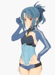  1girl absurdres alice_gear_aegis blue_bow blue_hair blue_leotard blush bow branch_(blackrabbits) breasts commentary_request cowboy_shot grey_eyes hair_bow highres leotard long_hair looking_at_viewer micro_shorts shorts sidelocks simple_background sketch small_breasts solo sweatdrop takanashi_rei updo white_background 