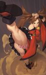  1girl absurdres bare_shoulders breasts brown_eyes brown_hair china_dress chinese_clothes detached_sleeves dress fighting_stance guilty_gear guilty_gear_xrd highres kicking kung_fu kuradoberi_jam large_breasts leg_up legs long_hair martial_arts panties riz solo striped striped_panties thick_thighs thighs underwear very_long_hair 