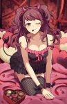  1girl blush box box_of_chocolates breasts brown_eyes brown_hair chocolate demon_horns demon_tail fishnet_thighhighs fishnets heart heart_pillow highres horns kujikawa_rise kuki_tan long_hair medium_breasts one_eye_closed persona persona_4 pillow skirt smile solo tail thighhighs twintails wrist_cuffs 