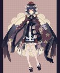  1girl alternate_costume bangs bare_shoulders black_hair black_wings closed_mouth expressionless geta hat highres knees_together_feet_apart leaf_print looking_at_viewer low_wings nikorashi-ka over-kneehighs pointy_ears pom_pom_(clothes) red_eyes red_headwear shameimaru_aya short_hair sleeves_past_wrists solo tassel tengu-geta thighhighs tokin_hat touhou wide_sleeves wings 