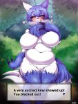 &lt;3 absurd_res amy_the_mystgoose anthro areola big_breasts blue_body blue_fur blush bodily_fluids breasts claws english_text eyebrow_through_hair eyebrows featureless_breasts female finger_claws fur generation_3_pokemon generation_6_pokemon hair hi_res hybrid looking_at_viewer meowstic misaki_furry515 multicolored_body multicolored_fur narrowed_eyes nintendo nude outside overweight overweight_anthro overweight_female pokemon pokemon_(species) portrait signature solo standing sweat text thick_thighs three-quarter_portrait tongue tongue_out translucent translucent_hair two_tone_body two_tone_fur white_body white_fur yellow_eyes zangoose 