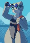  4_fingers absurd_res anthro blue_eyes breasts chain-link_fence clothed clothing digital_media_(artwork) eyewear female fence fingers frown fur goggles hi_res kemokin_mania mammal mustelid one-piece_swimsuit otter outside pawpads shaded shadow solo standing swimming_goggles swimwear tail towel towel_on_shoulder water wet wet_body wet_clothing wet_fur whiskers 