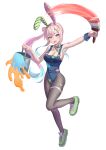  1girl :d absurdres airani_iofifteen animal_ears arm_up armpits black_pantyhose blue_leotard blush boku_no_edamame breasts cleavage denim_leotard fake_animal_ears full_body green_footwear green_hairband hair_bun hairband highres holding holding_paintbrush hololive large_breasts leg_up leotard long_hair looking_at_viewer nail_polish open_mouth outstretched_arm paint_can paintbrush pantyhose pink_hair pink_hairband pink_nails purple_eyes rabbit_ears shoes simple_background single_hair_bun single_side_bun smile sneakers solo standing standing_on_one_leg thigh_strap transparent_background virtual_youtuber wrist_cuffs 