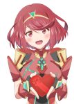  1girl bangs black_gloves blush breasts commentary_request facing_viewer fingerless_gloves gift gloves heart holding holding_gift kageyasu large_breasts open_mouth pyra_(xenoblade) red_eyes red_hair short_hair simple_background smile solo swept_bangs tiara upper_body valentine white_background xenoblade_chronicles_(series) xenoblade_chronicles_2 