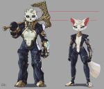  abs absurd_res anthro armor axe bear black_bodysuit blue_eyes bodysuit breasts canid canine carrying_weapon center_opening clothing crown_(kemokin_mania) duo female female/female fox fur hi_res kemokin_mania looking_at_viewer mammal missing_ear model_sheet navel scar simple_background skinsuit taller_female tight_clothing ursine weapon white_body white_fur yellow_eyes 