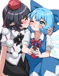  2girls absurdres black_bow black_bowtie black_hair black_skirt black_wings blue_bow blue_dress blue_eyes blue_hair blush bow bowtie camera chocolate cirno dress eye_contact food hand_on_another&#039;s_head hat highres holding holding_camera holding_chocolate holding_food ice ice_wings licking licking_another&#039;s_cheek licking_another&#039;s_face looking_at_another mikan_(manmarumikan) multiple_girls neck_ribbon nose_blush pinafore_dress pointy_ears pom_pom_(clothes) profile puffy_short_sleeves puffy_sleeves red_bow red_bowtie red_eyes red_headwear ribbon shameimaru_aya shirt short_hair short_sleeves skirt tokin_hat touhou valentine white_shirt wings yuri 