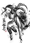  1girl aiming_at_viewer amputee asa_no_ha_(pattern) bit_gag bleeding blood blood_on_hands character_name fighting_stance floating_hair full_body gag gagged greyscale hair_ribbon hand_up haori highres ink_wash_painting japanese_clothes jumping kamado_nezuko kimetsu_no_yaiba kimono leg_warmers long_hair long_sleeves looking_at_viewer monochrome mouth_hold obi paparaya ribbon sash solo tabi torn_clothes zouri 