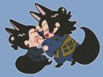 2boys absurdres animal_ears black_hair blue_background blush chibi closed_eyes commentary_request drawing_on_another&#039;s_face dual_persona earrings fox_boy fox_ears fox_tail full_body getou_suguru hair_bun hand_on_another&#039;s_cheek hand_on_another&#039;s_face highres id_dal_rae jewelry jujutsu_kaisen kemonomimi_mode korean_commentary long_sleeves male_focus multiple_boys open_mouth scar scar_on_face scar_on_forehead short_hair simple_background single_hair_bun sitting smile standing tail 