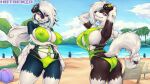  2022 anthro beach big_breasts breasts canid canine clothing duo erect_nipples female generation_7_pokemon hair hands_under_breasts hotbento huge_breasts long_hair lycanroc mammal nintendo nipples pokemon pokemon_(species) ponytail purple_eyes raised_tail seaside summer swimwear tail tight_clothing 