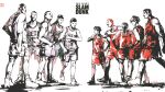  6+boys akagi_takenori armband bare_arms bare_shoulders basketball_jersey basketball_uniform buzz_cut closed_mouth clothes_writing commentary copyright_name curly_hair english_commentary faceoff fukatsu_kazunari grey_shorts hand_up highres ink_(medium) kawata_masashi limited_palette minoru_matsumoto mitsui_hisashi miyagi_ryouta multiple_boys nobe_masahiro open_mouth paparaya pompadour profile red_shorts rukawa_kaede sakuragi_hanamichi sawakita_eiji shoes short_hair shorts sideburns simple_background slam_dunk_(series) sleeveless smile sneakers socks sportswear thick_lips toned toned_male traditional_media very_short_hair walking 