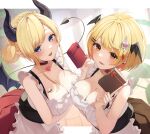  2girls ahoge apron bat_tattoo bat_wings blonde_hair blue_eyes blush breast_tattoo breasts chest_tattoo choker cleavage demon_girl demon_horns demon_tail demon_wings earrings fang hair_bun hair_ornament hairclip head_wings highres hololive horns jewelry large_breasts long_hair looking_at_viewer medium_hair multiple_girls open_mouth pointy_ears red_choker short_hair skin_fang tail tattoo tyabesu valentine vampire virtual_youtuber wings yellow_eyes yozora_mel yuzuki_choco 