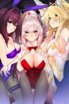  3girls absurdres achillodos ahoge animal_ears artoria_pendragon_(fate) artoria_pendragon_(swimsuit_ruler)_(fate) bangs bare_shoulders blonde_hair blue_pantyhose blush braid braided_ponytail breasts cleavage clothing_cutout detached_collar fake_animal_ears fate/grand_order fate_(series) feather_boa fishnet_pantyhose fishnets florence_nightingale_(fate) folded_ponytail french_braid gold_trim green_eyes grin hair_between_eyes hat highleg highleg_leotard highres large_breasts leotard long_hair looking_at_viewer multiple_girls navel navel_cutout necktie nurse_cap pantyhose pink_hair playboy_bunny ponytail purple_hair purple_leotard rabbit_ears red_eyes red_leotard scathach_(fate) scathach_(piercing_bunny)_(fate) sidelocks smile thighs tiara white_headwear white_leotard wrist_cuffs 