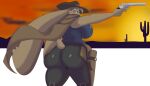  2023 anthro back_boob big_breasts big_butt blue_clothing blue_topwear breasts brown_body brown_clothing brown_fur brown_hair brown_hat brown_headwear brown_scarf butt clothing cowboy_hat dewwydarts female fur generation_4_pokemon gun hair handgun hat headgear headwear hi_res holding_gun holding_handgun holding_object holding_revolver holding_weapon holster huge_butt long_ears lopunny lucy_(dewwydarts) nintendo pink_eyes pokemon pokemon_(species) ranged_weapon revolver scarf solo standing thick_thighs topwear weapon western 